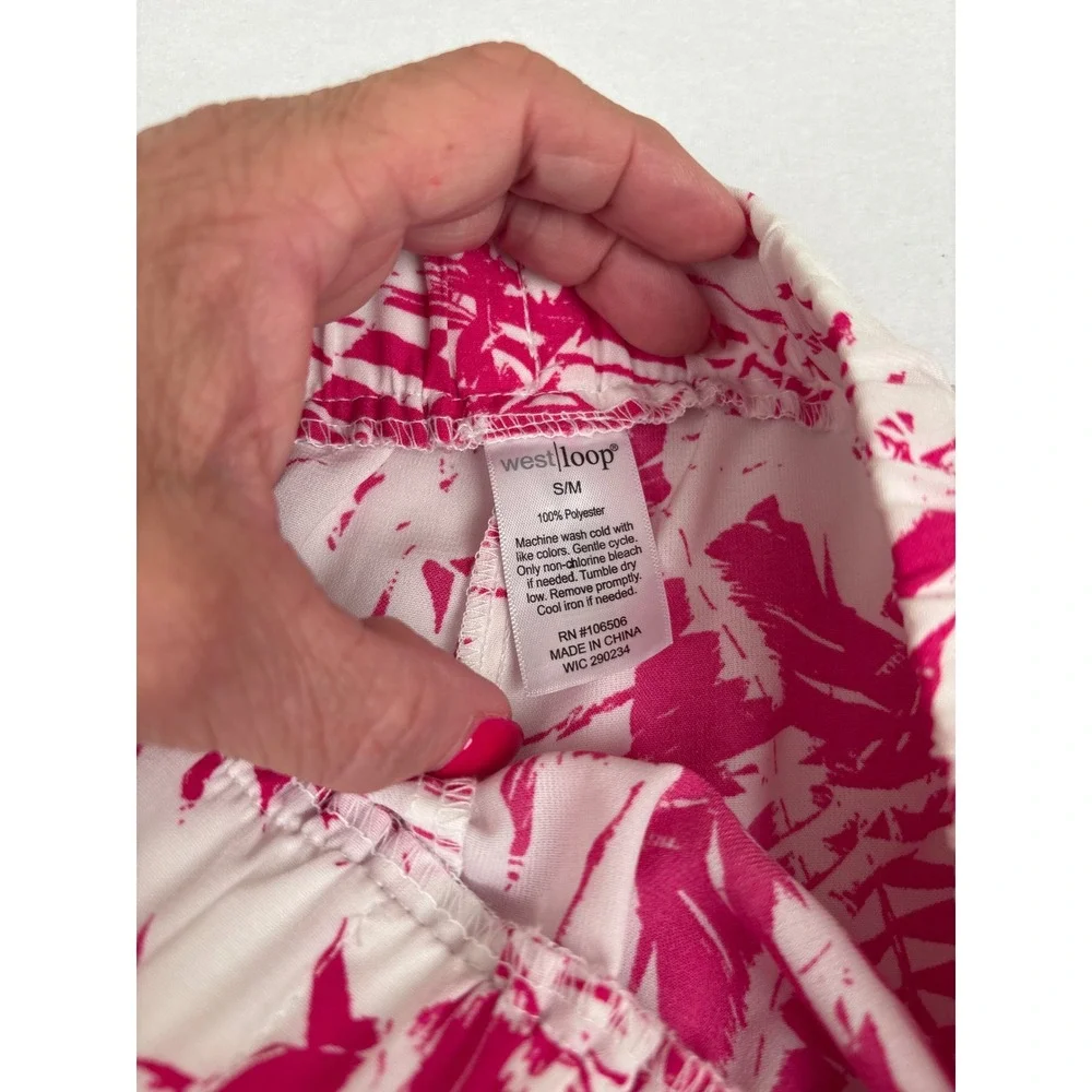 West Loop Pink White Tropical Palm Leaf Print Shorts Elastic Waist S/M